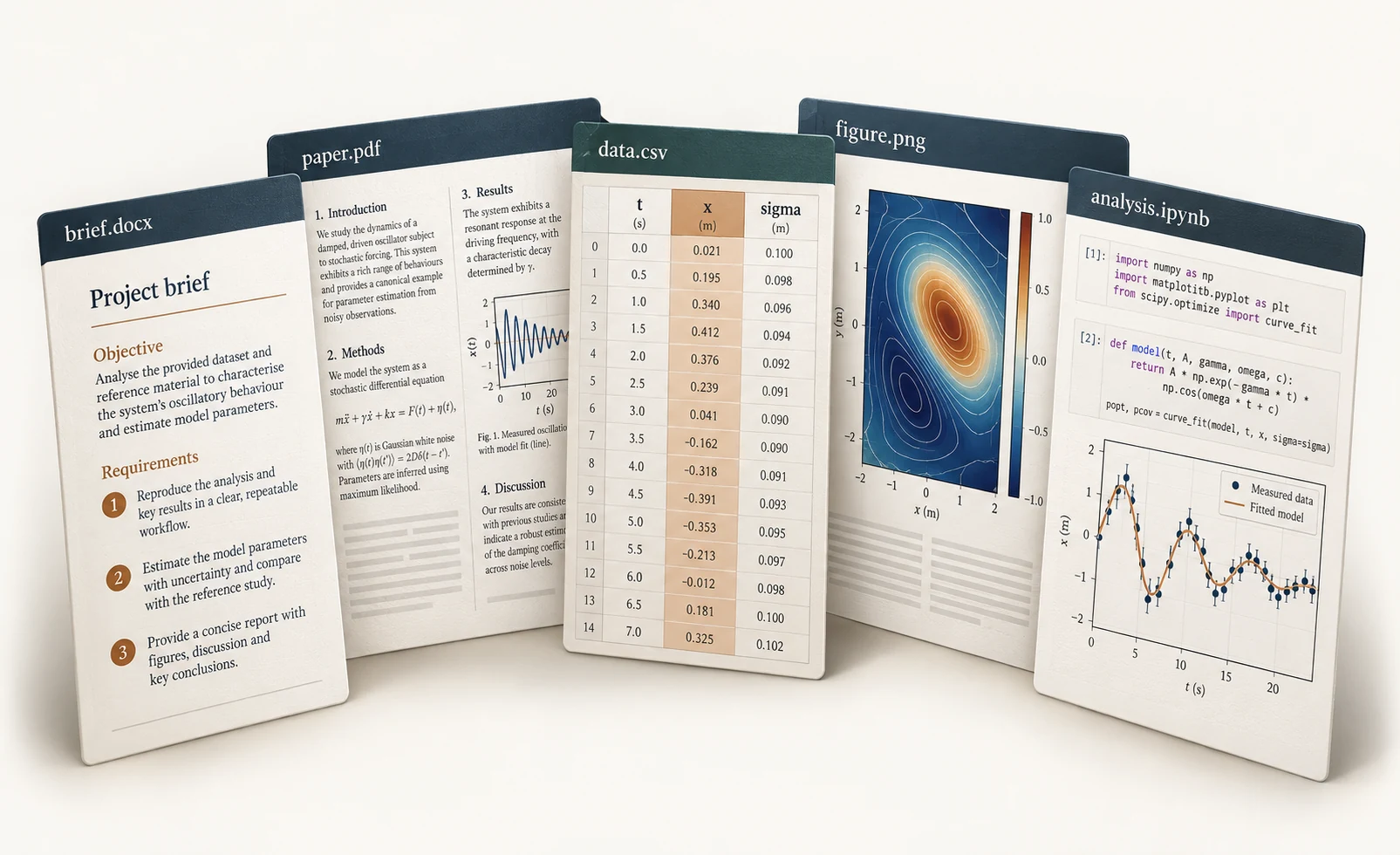 Five overlapping artifact sheets representing a Word brief, PDF paper, CSV dataset, figure and analysis notebook