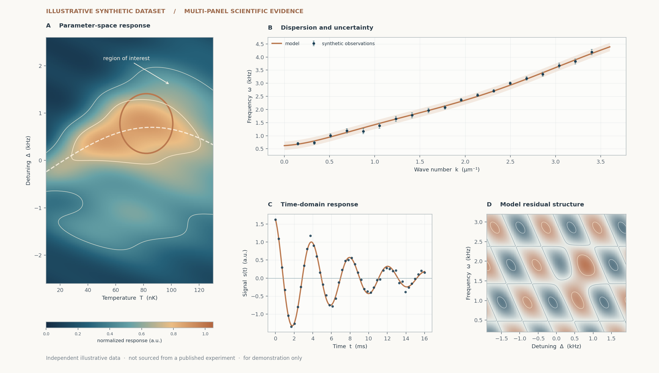 Original synthetic physics research figure with a phase response heatmap, dispersion curve, time-domain oscillation and residual map